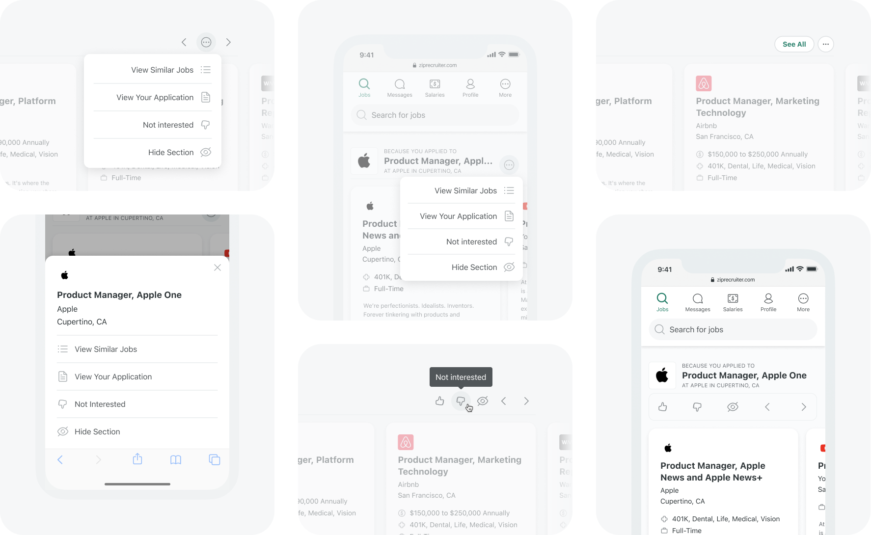 Different design iterations for the action menu.
