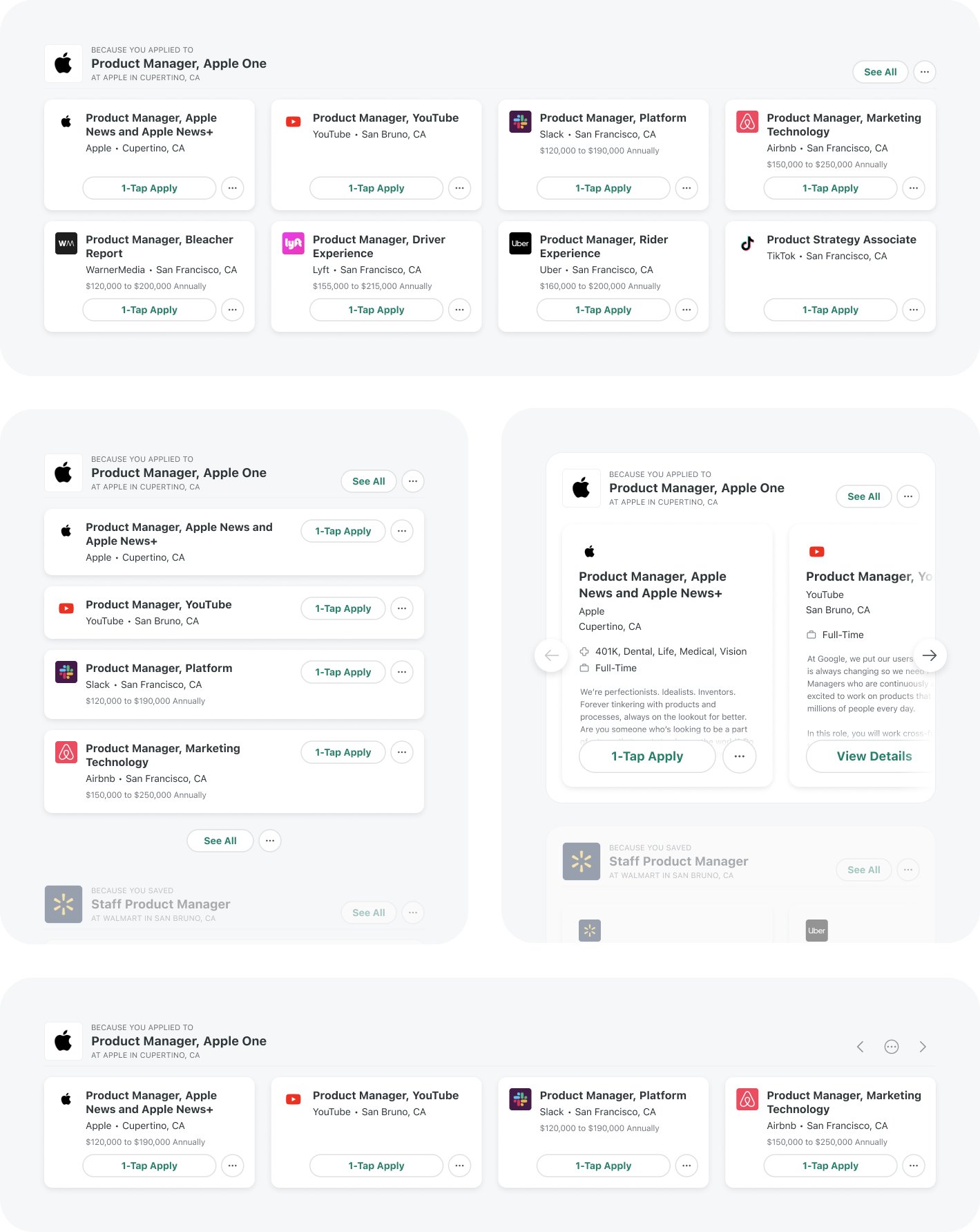 Sketches and wireframes showing different layout explorations for the Suggested Jobs page.